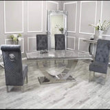 Arial 180cm Marble & Chrome Dining Table With Lucy Slim Quilted Lion Knocker Velvet Chairs