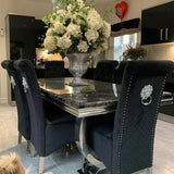 Arianna Marble & Chrome Dining Table With Grey Lucy Slim Quilted Lion Knocker Velvet Chairs + Grey Arianna Bench