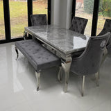 Louis Marble & Chrome Dining Table With Grey Quilted Lion Knocker Velvet Chairs & Bench