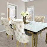 Sorrento 180cm Gold Dining Table with White Ceramic Marble Top + Cream/Gold  Ring Knocker Velvet Chairs