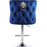 Valentino Navy Blue Lion Knocker Quilted Back Plush Velvet Chrome Bar Stool - Belmont Interiors