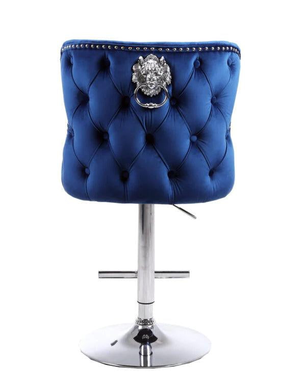 Valentino Navy Blue Lion Knocker Quilted Back Plush Velvet Chrome Bar Stool - Belmont Interiors