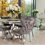 Arianna Marble & Chrome Dining Table With Valentino Lion Knocker Velvet Chairs