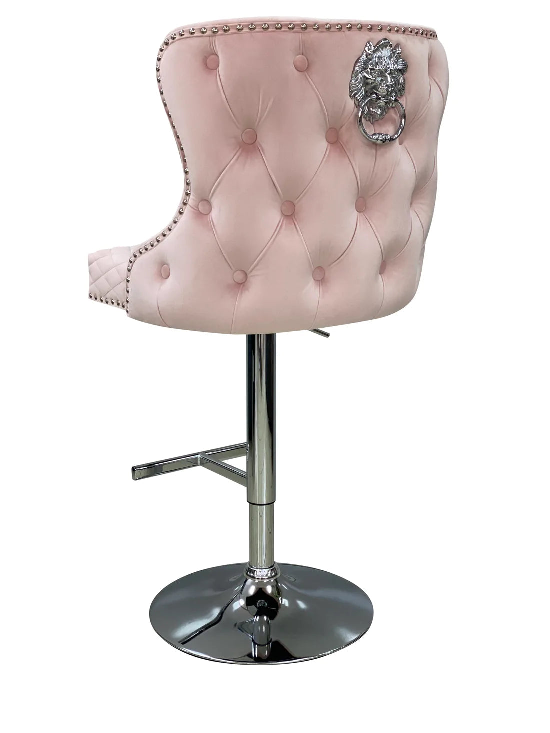 Valentino Pink Lion Knocker Quilted Back Plush Velvet Chrome Bar Stool - Belmont Interiors