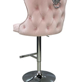 Valentino Pink Lion Knocker Quilted Back Plush Velvet Chrome Bar Stool - Belmont Interiors