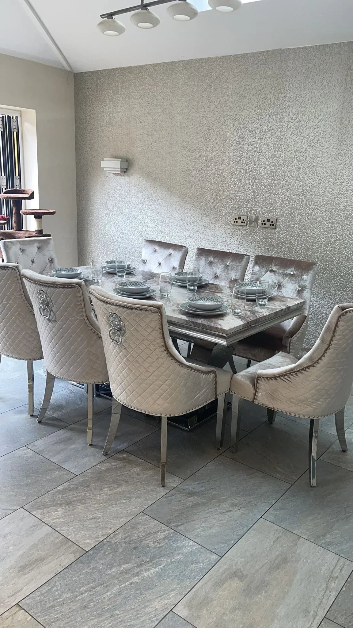 Denver Marble & Chrome Dining Table With Lion Knocker Quilted Velvet Chairs - Belmont Interiors