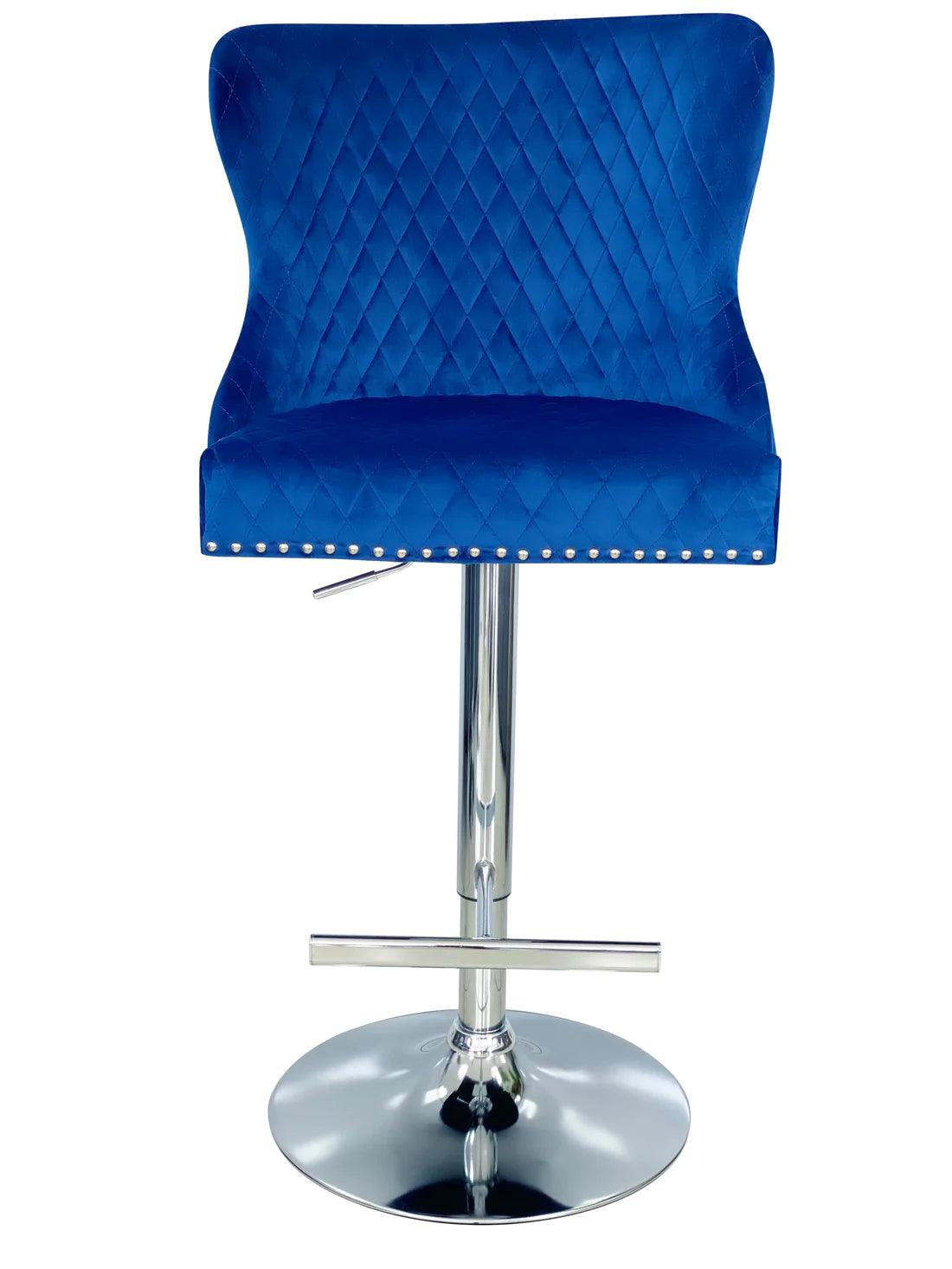 Valentino Navy Blue Lion Knocker Quilted Back Plush Velvet Chrome Bar Stool - Belmont Interiors