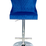 Valentino Navy Blue Lion Knocker Quilted Back Plush Velvet Chrome Bar Stool - Belmont Interiors