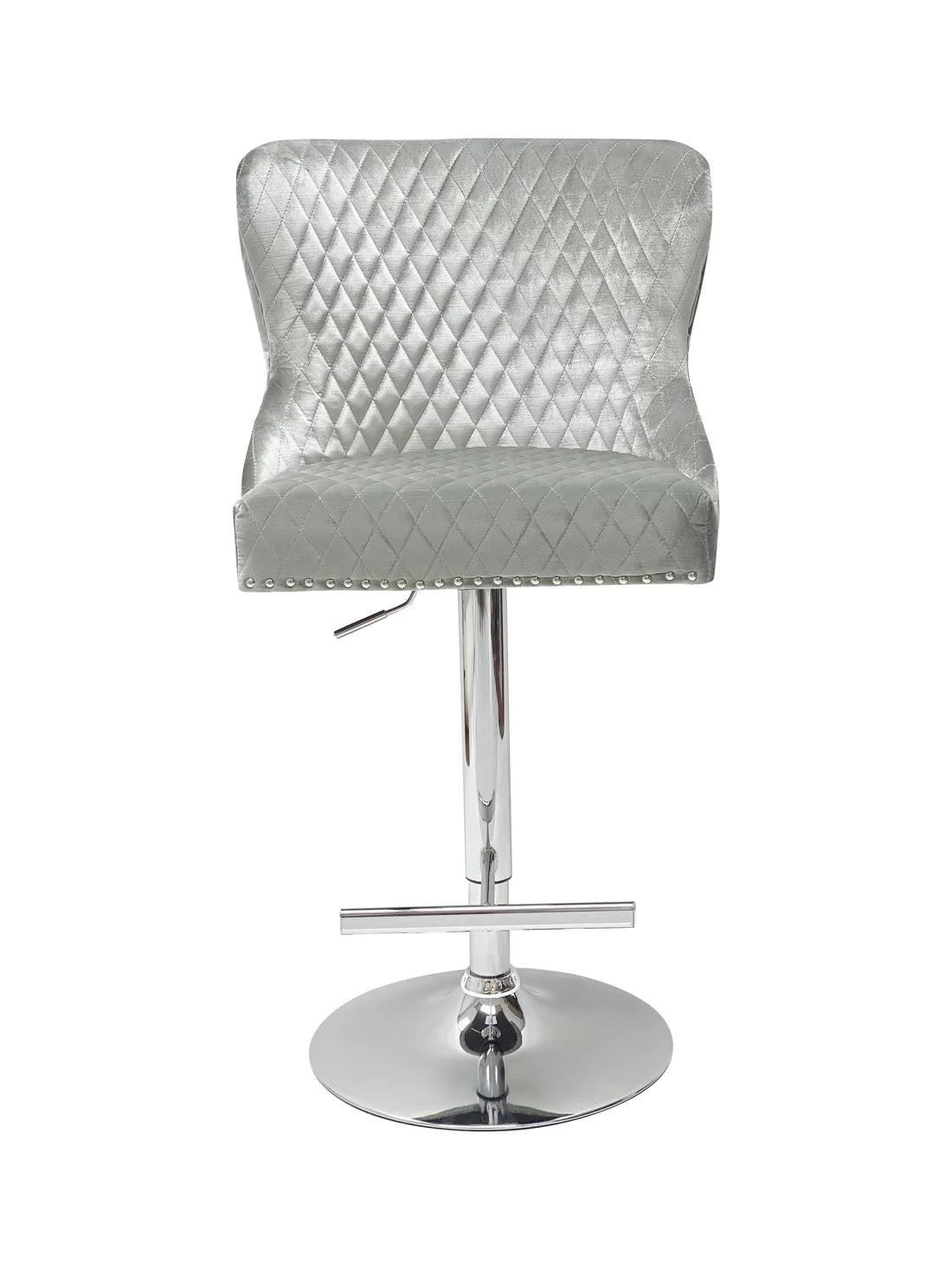 Valentino Pewter Shimmer Grey Lion Knocker Quilted Back Plush Velvet Chrome Bar Stool - Belmont Interiors