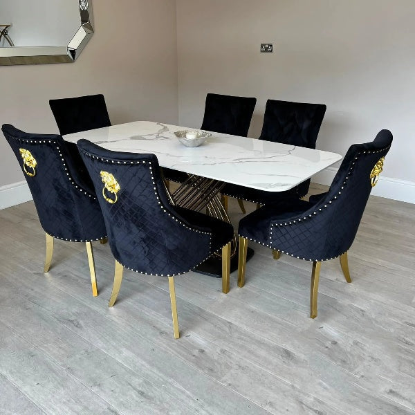 Orion Gold 180cm Dining Table with Polar White Sintered Stone Top + Gold Lion Knocker Dining Chairs-Esme Furnishings