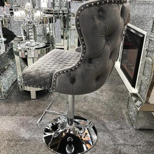 Valentino Grey Lion Knocker Quilted Back Plush Velvet Chrome Bar Stool - Belmont Interiors