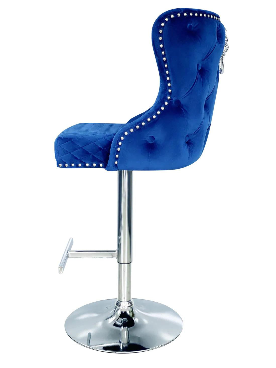 Valentino Navy Blue Lion Knocker Quilted Back Plush Velvet Chrome Bar Stool - Belmont Interiors