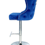 Valentino Navy Blue Lion Knocker Quilted Back Plush Velvet Chrome Bar Stool - Belmont Interiors