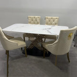 Orion Gold 180cm Dining Table with Polar White Sintered Stone Top + Gold Lion Knocker Dining Chairs-Esme Furnishings