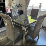 Louis 100CM Marble & Chrome Dining Table With Lucy Slim Quilted Lion Knocker Velvet Chairs