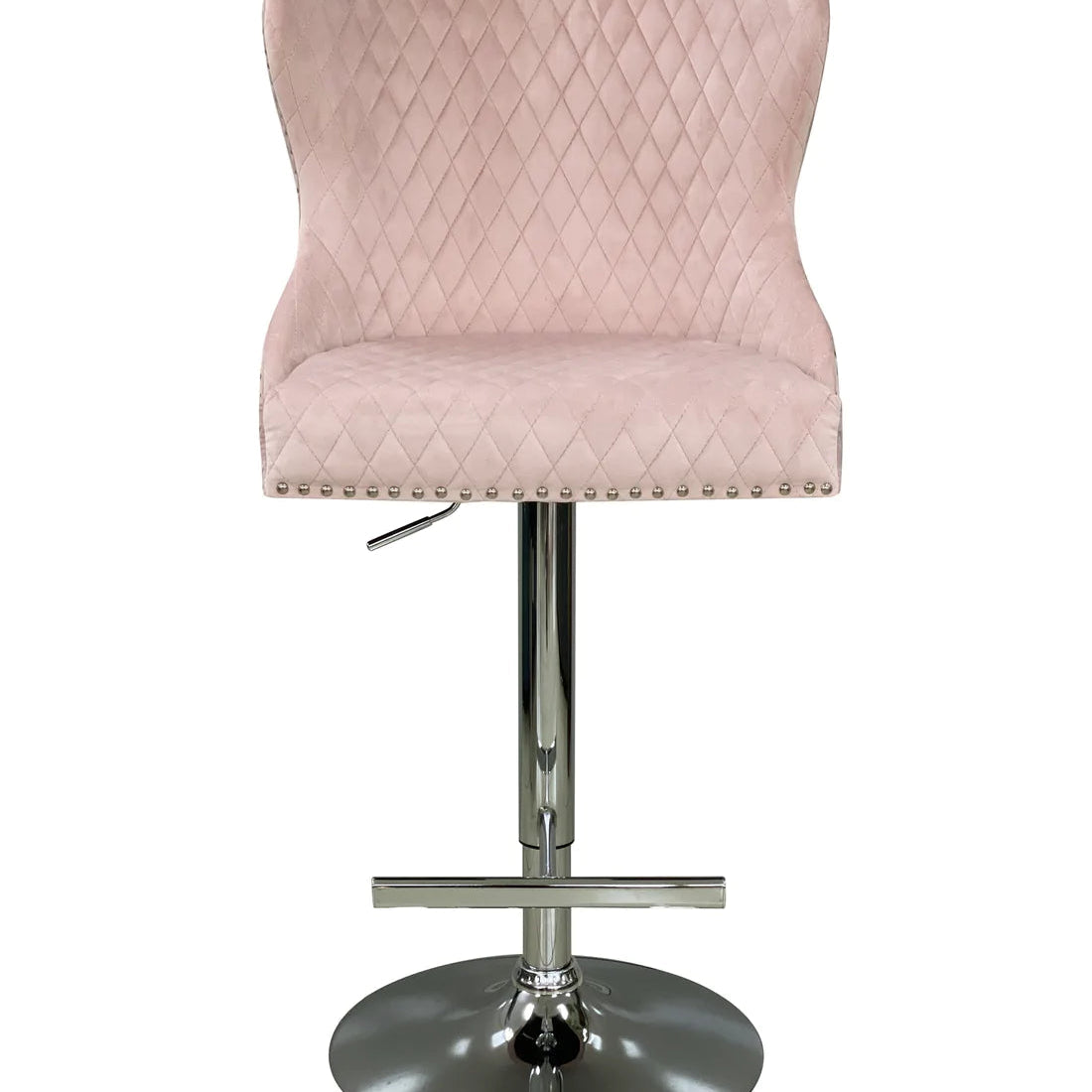 Valentino Pink Lion Knocker Quilted Back Plush Velvet Chrome Bar Stool - Belmont Interiors