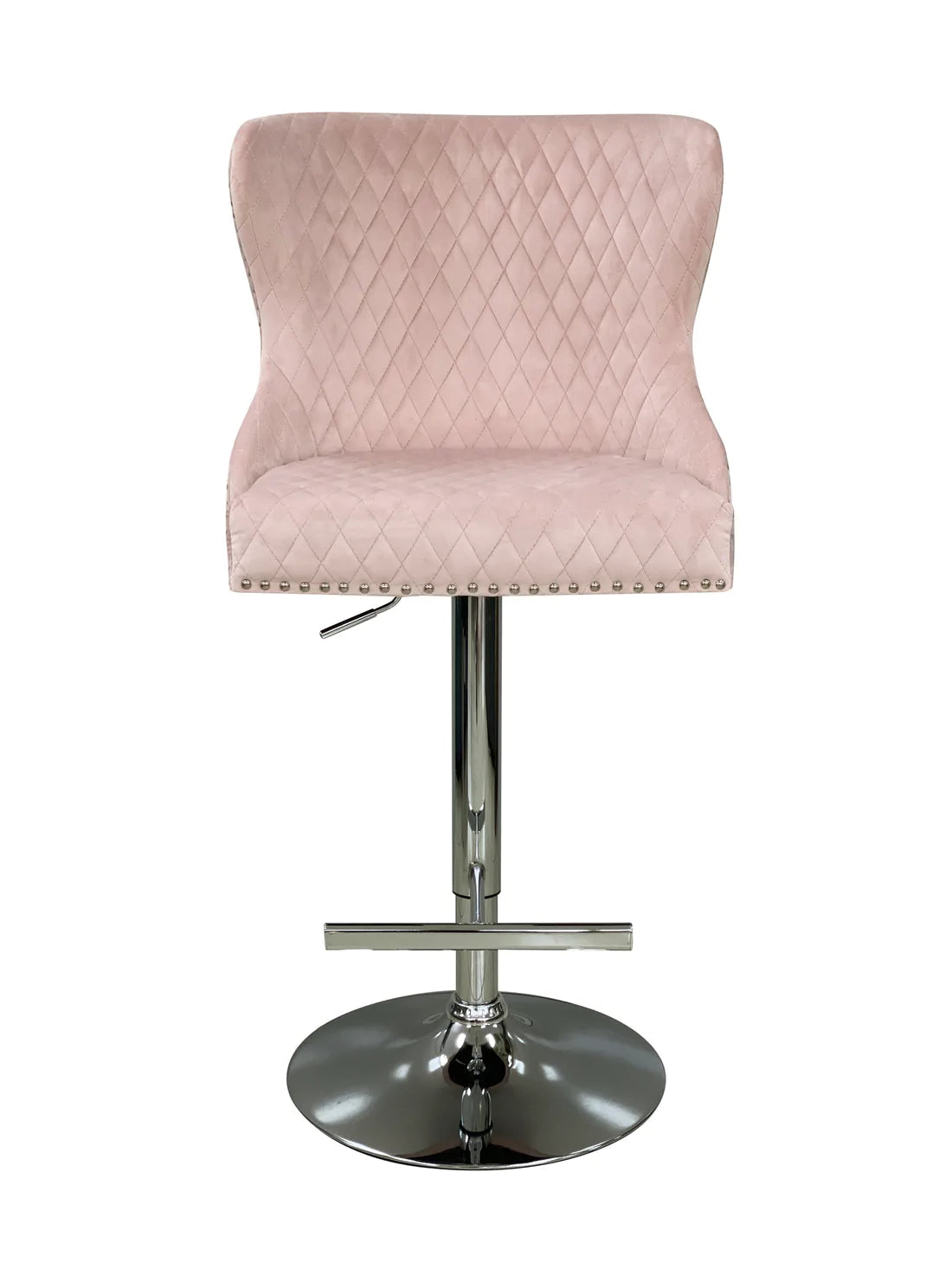 Valentino Pink Lion Knocker Quilted Back Plush Velvet Chrome Bar Stool - Belmont Interiors