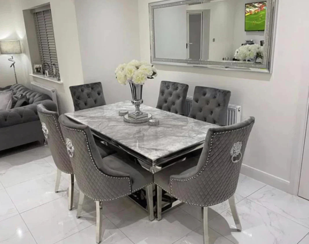 Denver Marble & Chrome Dining Table With Lion Knocker Quilted Velvet Chairs - Belmont Interiors