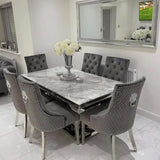 Denver Marble & Chrome Dining Table With Lion Knocker Quilted Velvet Chairs - Belmont Interiors