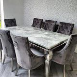 Louis Marble & Chrome Dining Table With Chrome Ring Knocker Velvet Chairs