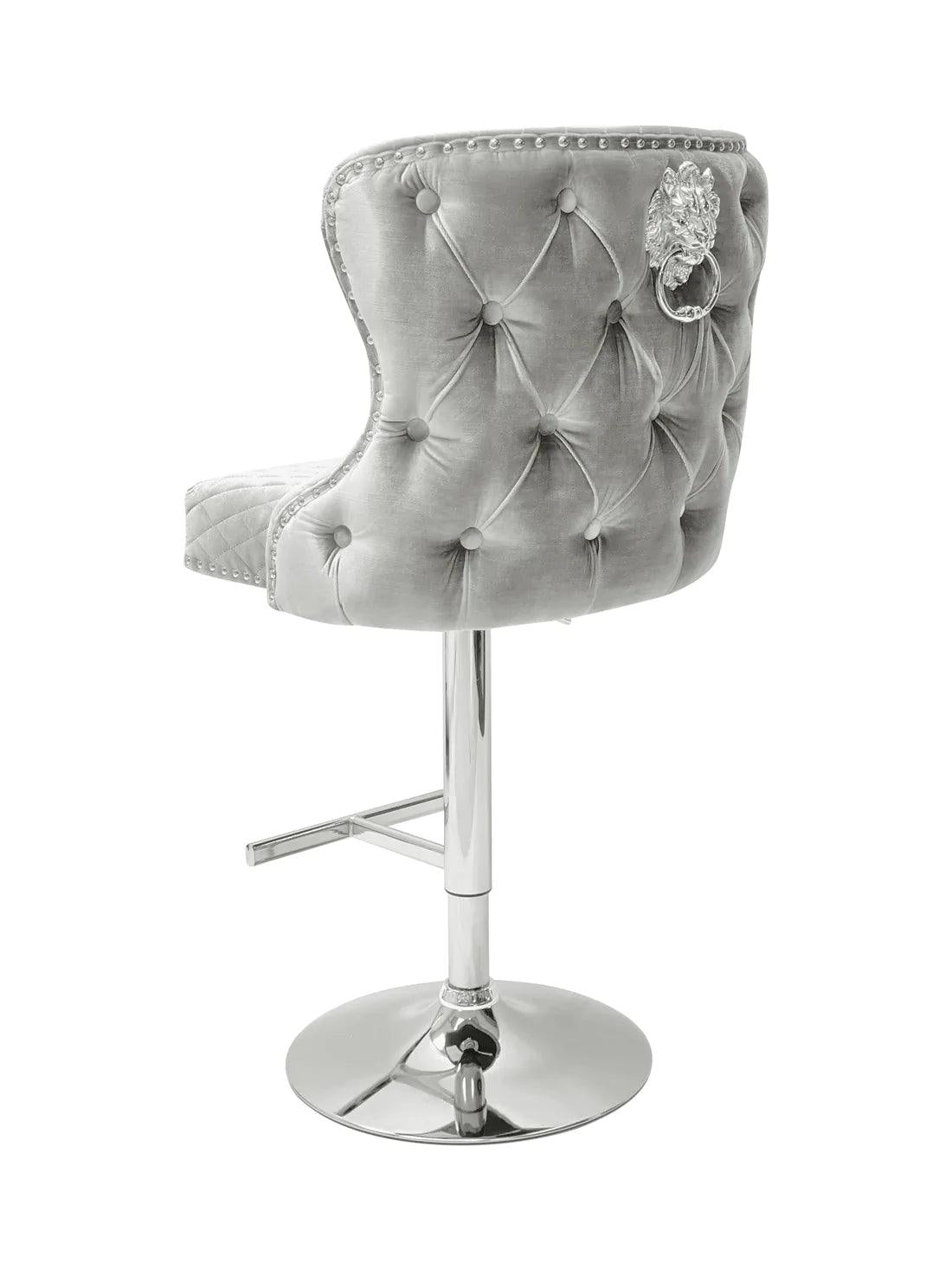 Valentino Pewter Shimmer Grey Lion Knocker Quilted Back Plush Velvet Chrome Bar Stool - Belmont Interiors