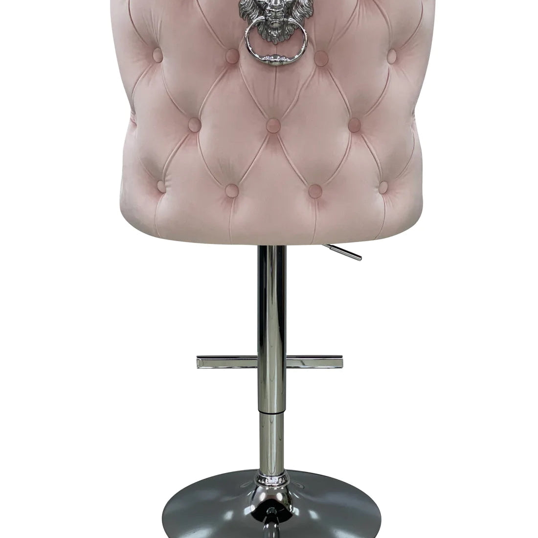 Valentino Pink Lion Knocker Quilted Back Plush Velvet Chrome Bar Stool - Belmont Interiors