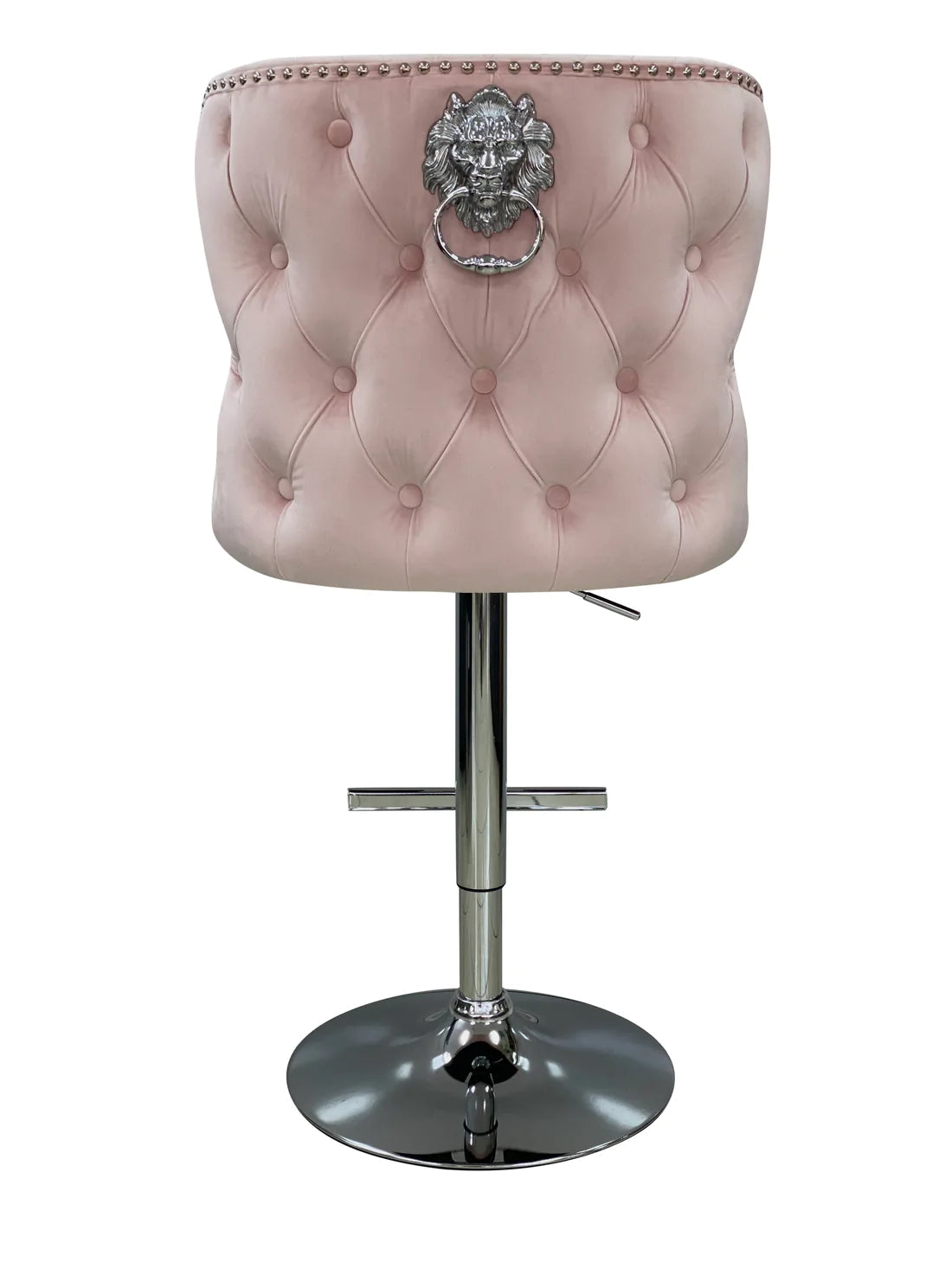 Valentino Pink Lion Knocker Quilted Back Plush Velvet Chrome Bar Stool - Belmont Interiors