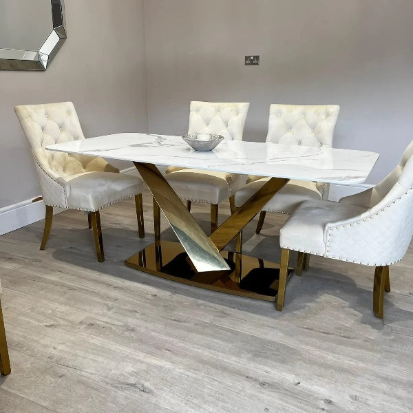 Valeo Gold 180cm Dining Table with Polar White Sintered Stone Top + Gold Lion Knocker Dining Chairs-Esme Furnishings