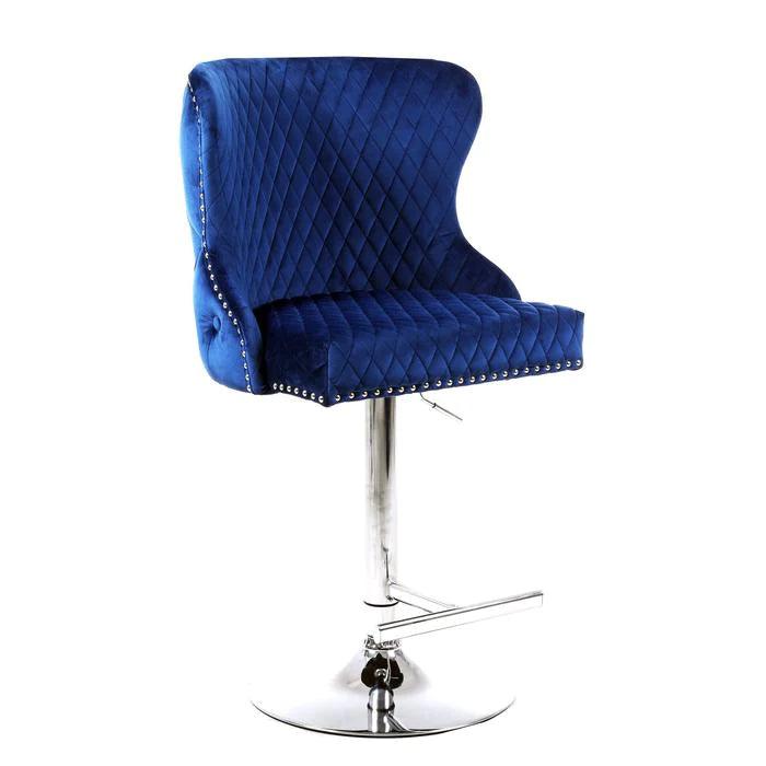 Valentino Navy Blue Lion Knocker Quilted Back Plush Velvet Chrome Bar Stool - Belmont Interiors