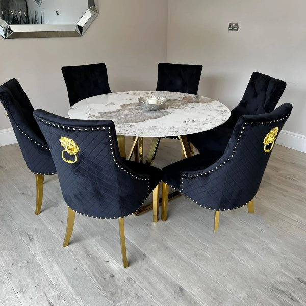 Nero 130cm Round Gold Dining Table with Pandora Gold Sintered Stone Top + Gold Lion Knocker Dining Chairs-Esme Furnishings