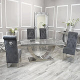 Arial 200cm Marble & Chrome Dining Table With Lucy Slim Quilted Lion Knocker Velvet Chairs