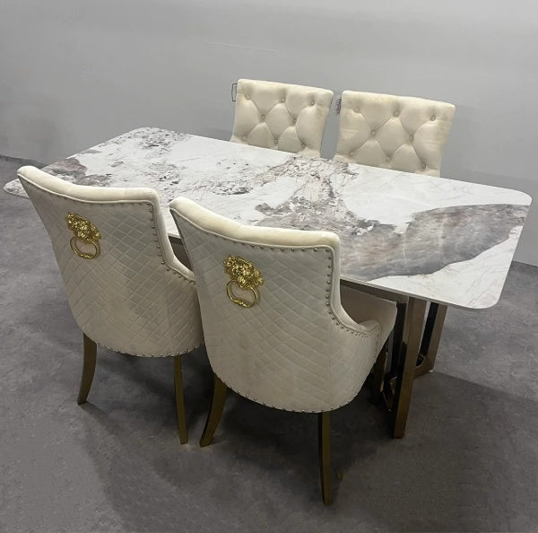 Lucien 180cm Gold Dining Table with Pandora Gold Sintered Stone Top + Gold Lion Knocker Dining Chairs-Esme Furnishings