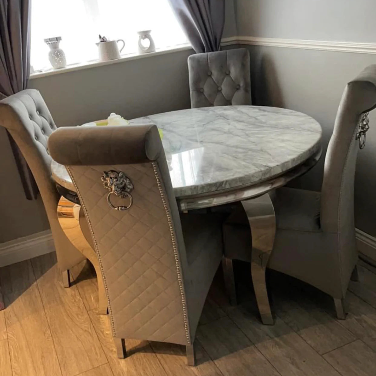 Louis White Marble 130cm Round Dining Table + Lucy Grey Lion Knocker Plush Velvet Chairs-Esme Furnishings