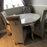 Louis White Marble 130cm Round Dining Table + Lucy Grey Lion Knocker Plush Velvet Chairs-Esme Furnishings