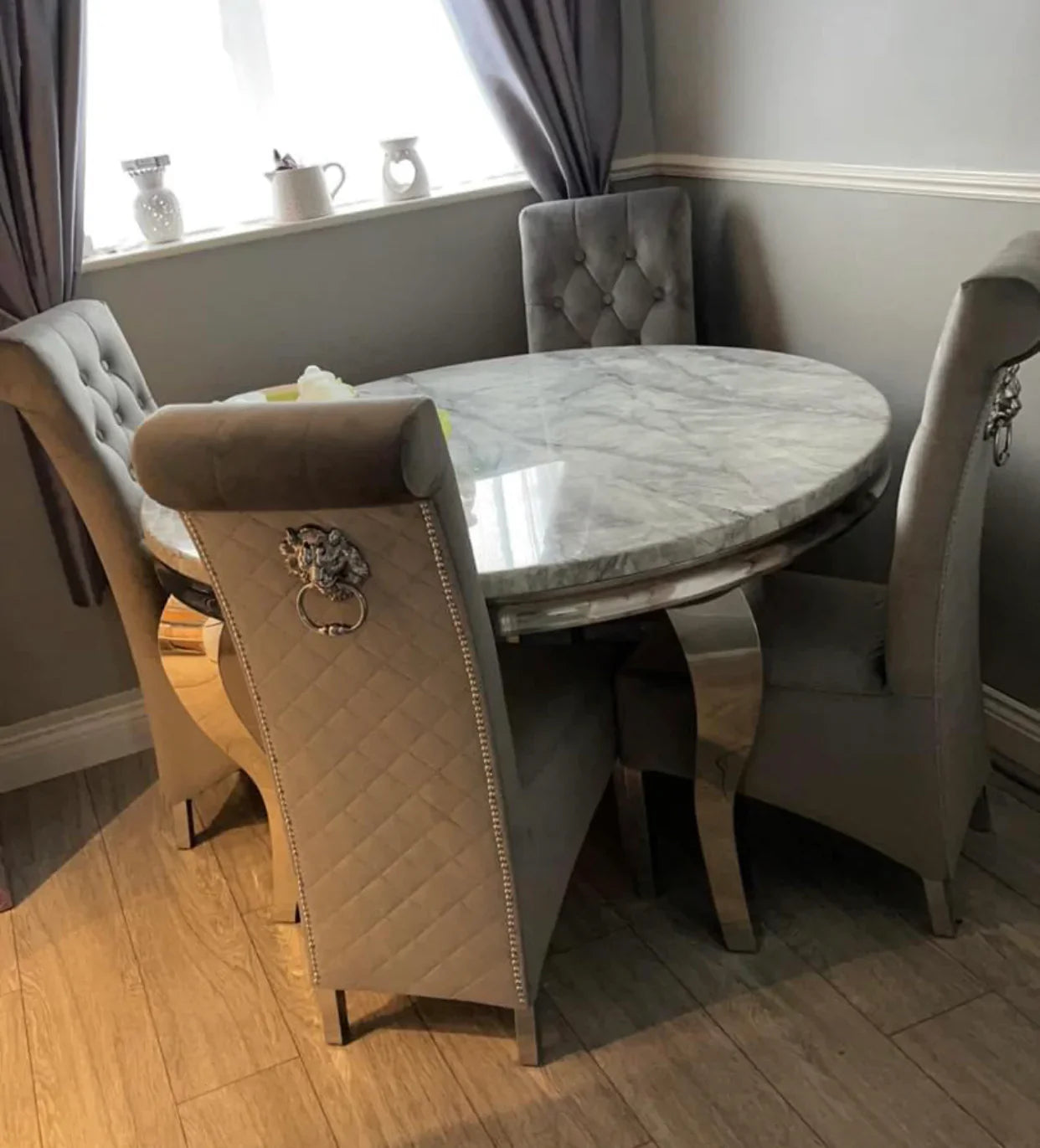 Louis Grey Marble 130cm Round Dining Table + Lucy Grey Lion Knocker Plush Velvet Chairs-Esme Furnishings