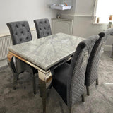 Louis 160CM Marble & Chrome Dining Table With Lucy Slim Quilted Lion Knocker Velvet Chairs