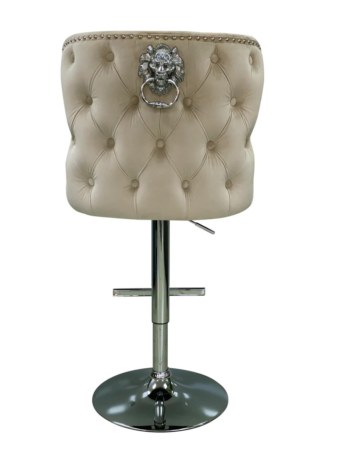 Valentino Mink Lion Knocker Quilted Back Plush Velvet Chrome Bar Stool - Belmont Interiors