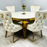 Louis Gold Round Cream Marble 110cm Dining Table + Cream Gold Lion Knocker Velvet Dining Chairs