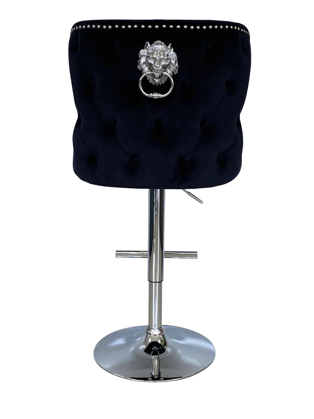 Valentino Black Lion Knocker Quilted Back Plush Velvet Chrome Bar Stool-Esme Furnishings