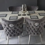 Louis Marble & Chrome Dining Table With Valentino Lion Knocker Velvet Chairs & Bench