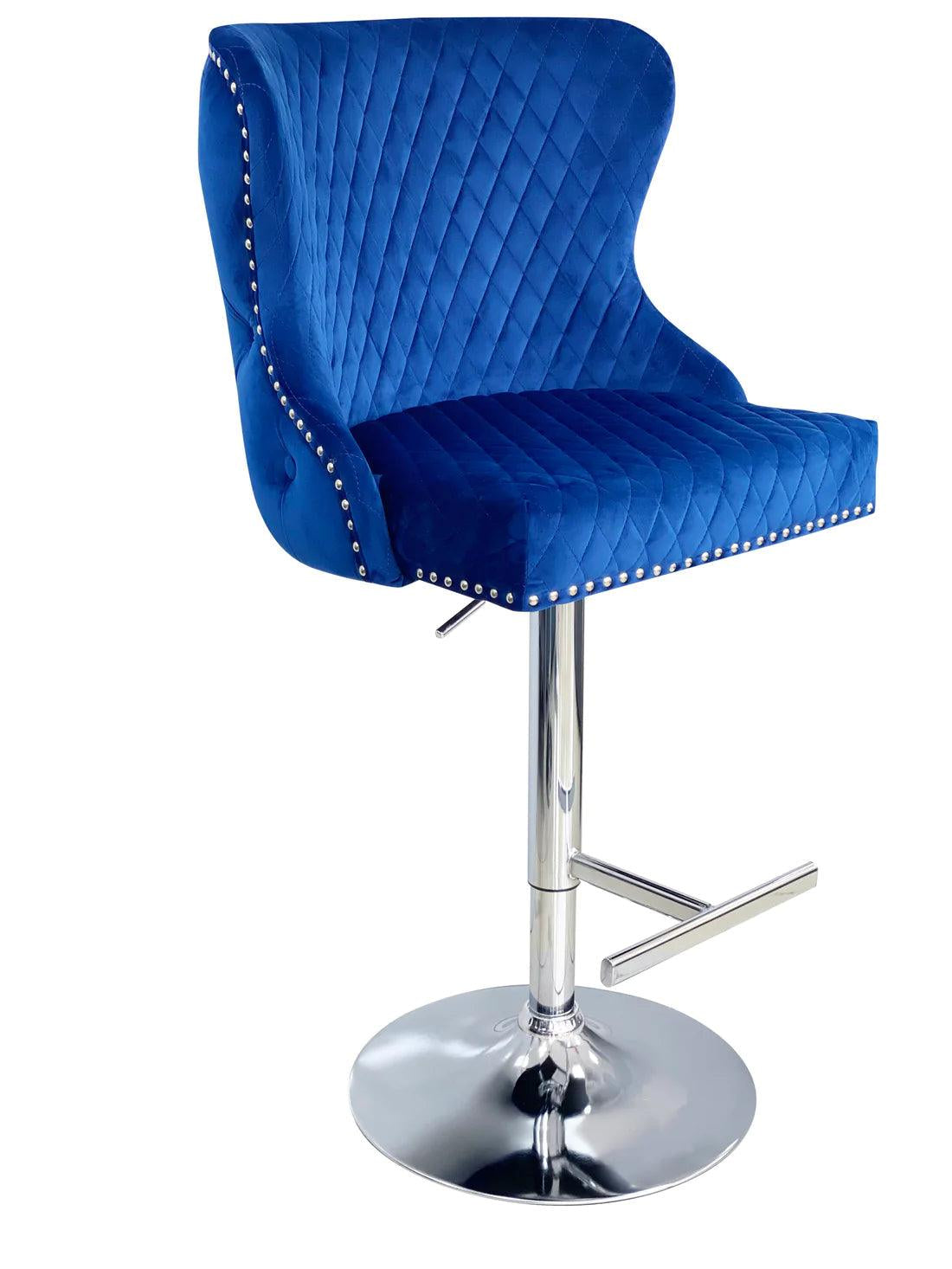 Valentino Navy Blue Lion Knocker Quilted Back Plush Velvet Chrome Bar Stool - Belmont Interiors