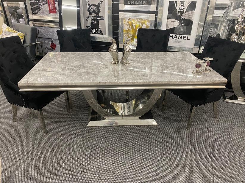 Denver Marble & Chrome Dining Table With Lion Knocker Quilted Velvet Chairs - Belmont Interiors