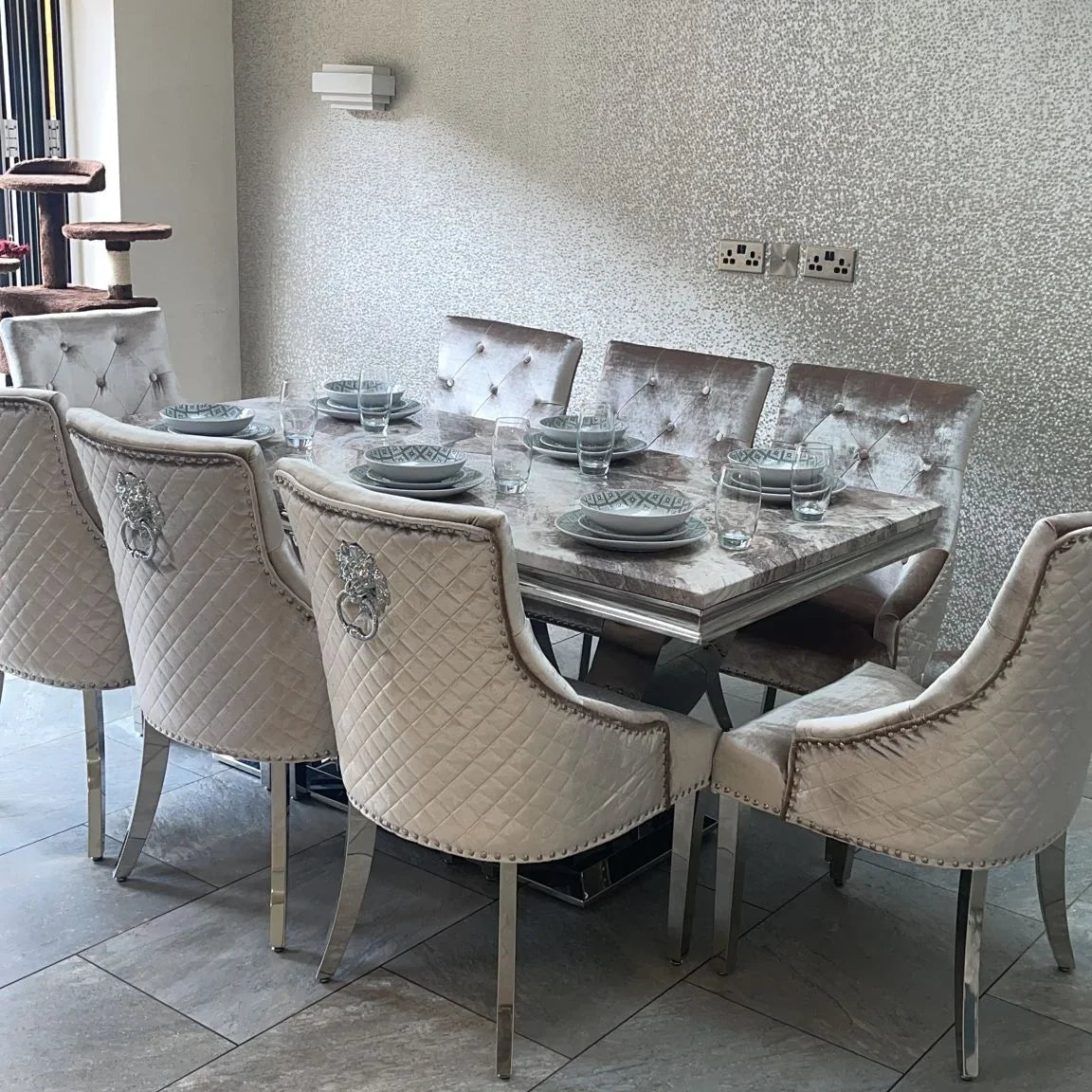 Arial Marble & Chrome Dining Table + Lion Knocker Velvet Chairs-Esme Furnishings