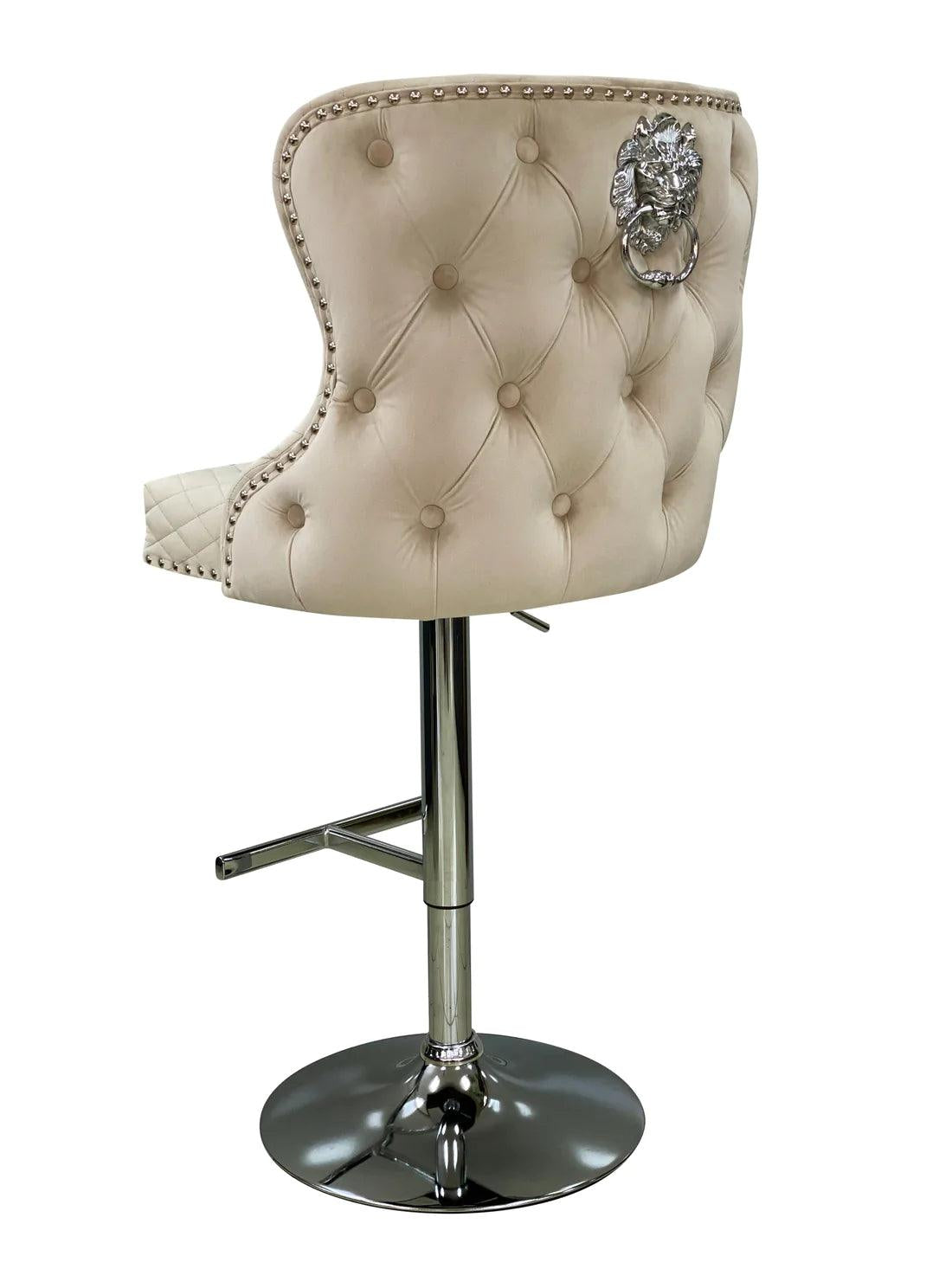 Valentino Mink Lion Knocker Quilted Back Plush Velvet Chrome Bar Stool - Belmont Interiors