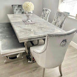 Arianna 150cm Grey Marble Dining Table + Belle Grey Velvet Dining Chairs + Grey 130cm Bench