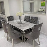 Arial Marble & Chrome Dining Table + Lion Knocker Velvet Chairs