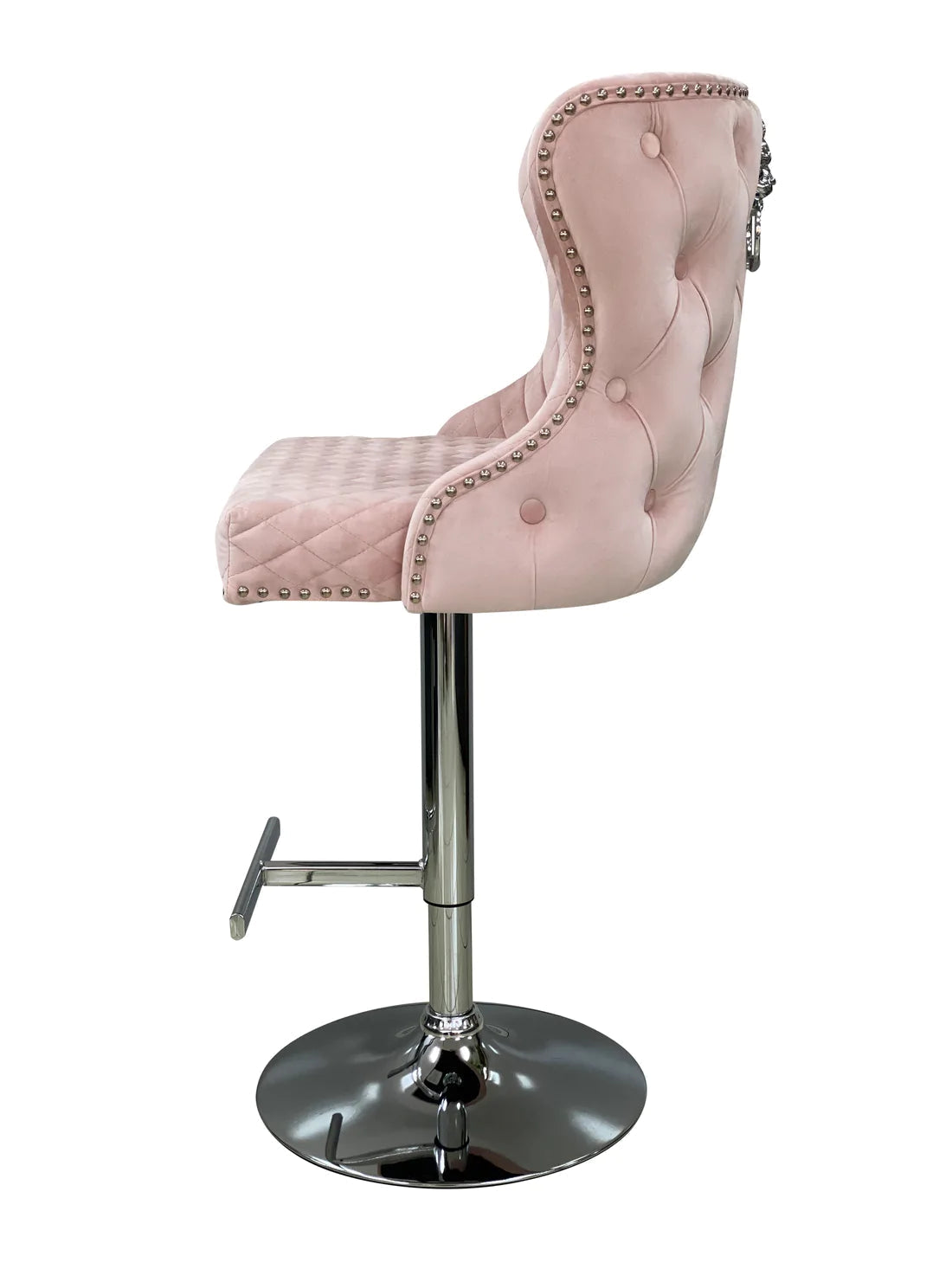 Valentino Pink Lion Knocker Quilted Back Plush Velvet Chrome Bar Stool - Belmont Interiors