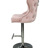 Valentino Pink Lion Knocker Quilted Back Plush Velvet Chrome Bar Stool - Belmont Interiors