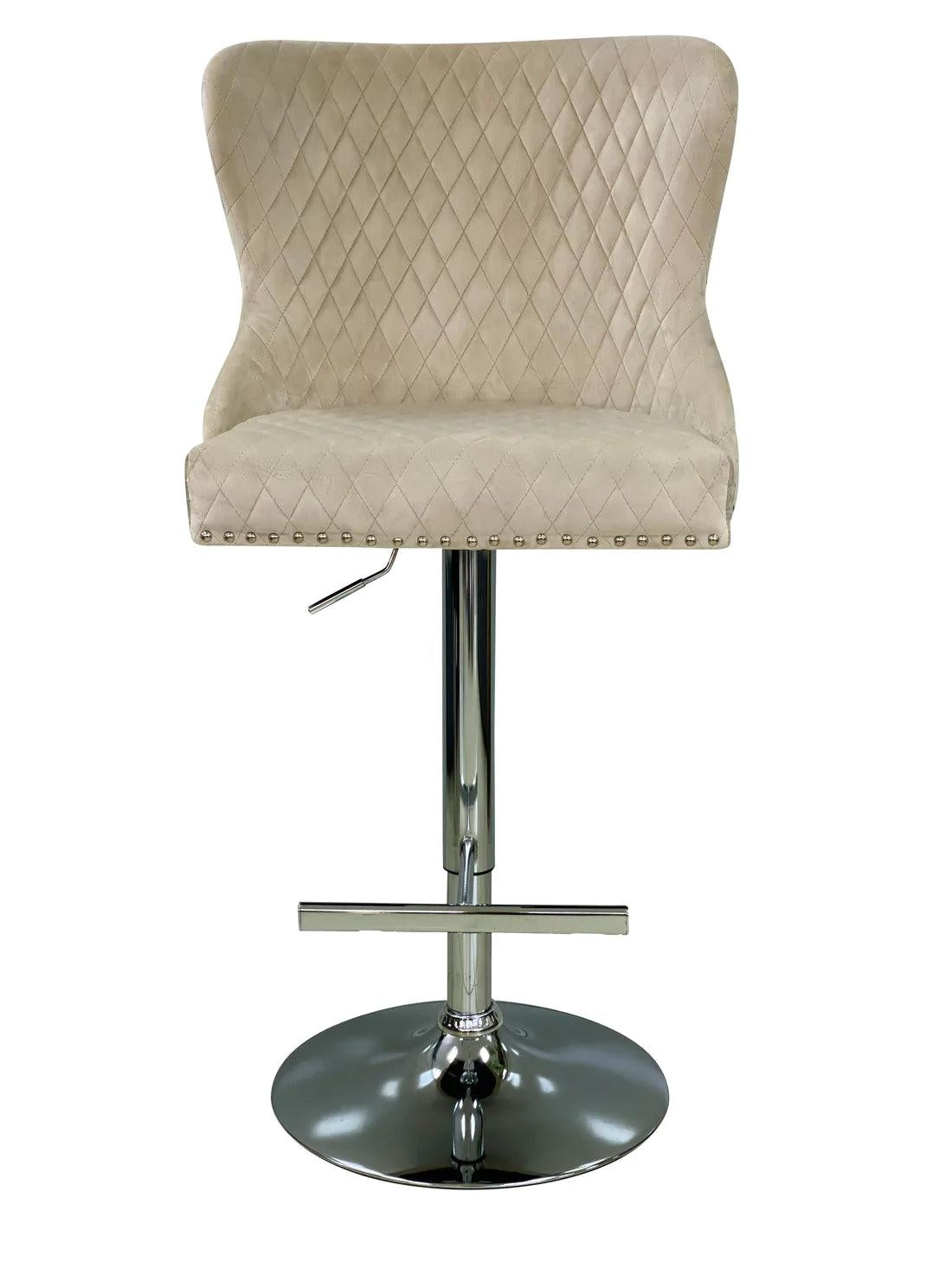 Valentino Mink Lion Knocker Quilted Back Plush Velvet Chrome Bar Stool - Belmont Interiors