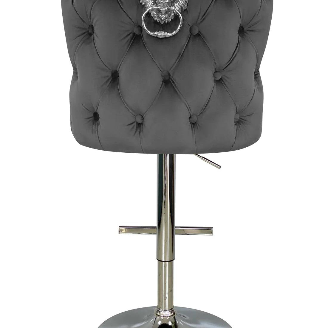 Valentino Grey Lion Knocker Quilted Back Plush Velvet Chrome Bar Stool - Belmont Interiors